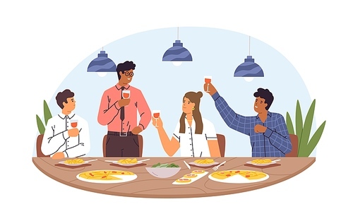 People at corporate festive dinner with wine glasses. Colleagues eating at informal meeting. Partners celebrating smth. at dining table. Colored flat vector illustration isolated on white .