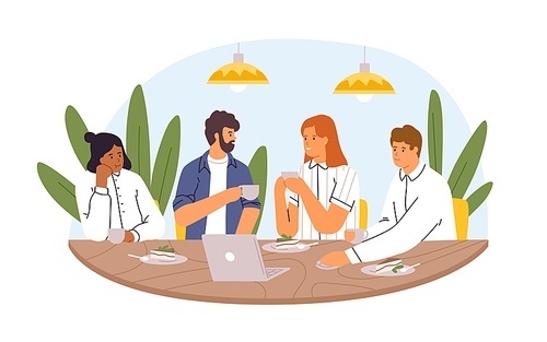 Colleagues sitting at dining table at coffee break, chatting and discussing business together. Team of people eating cake in office. Colored flat vector illustration isolated on white .
