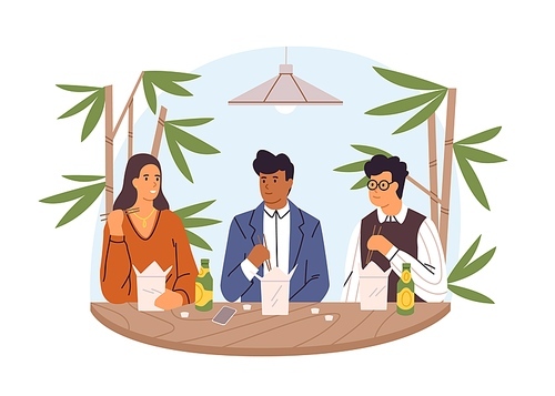 People with boxes of takeaway Asian food at dining table. Colleagues at lunch break in office, eating and talking together. Colored flat vector illustration isolated on white .