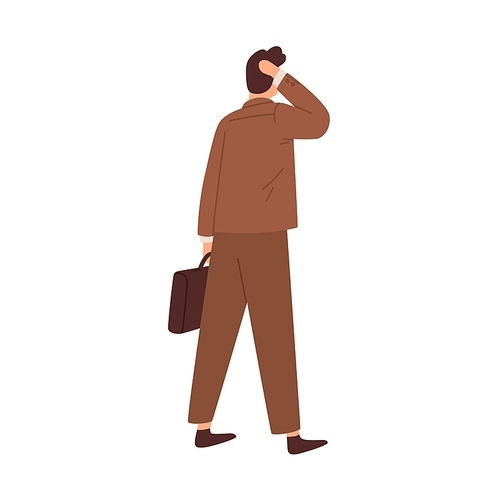 Questioned confused man hesitating, standing in doubt before difficult business decision. Puzzled pensive businessman. Colored flat vector illustration of concerned person isolated on white .