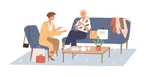 Woman talking with her girlfriend in cafe, sitting by coffee table with shopping bags. Meeting of female friends at home. Women chatting. Flat vector illustration isolated on white .
