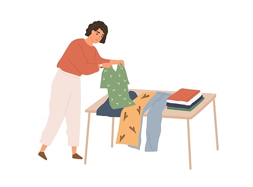 Woman folding used clothes, selecting them for charity and preparing for sale. Person choosing garment for donation and resale. Female clearing out wardrobe. Flat vector illustration isolated on white.