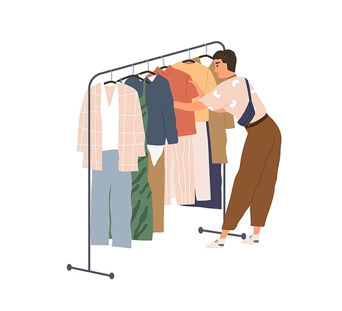 Young woman in modern clothes shopping and looking for fashion outfit. Female choosing from trendy stylish garments, hanging on hanger rack. Flat vector illustration isolated on white .