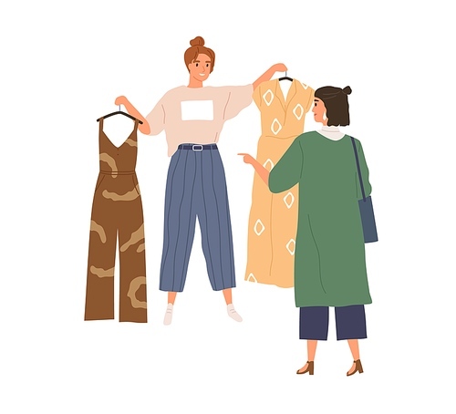 Shop assistant offering choice of trendy fashion clothes to buyer. Woman choosing and buying stylish garment during shopping. Seller and shopper. Flat vector illustration isolated on white .