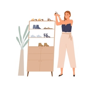 Happy woman holding and looking at fashion pair of heeled shoes and admiring them. Female with perfect women footwear in hands during shopping. Flat vector illustration isolated on white .