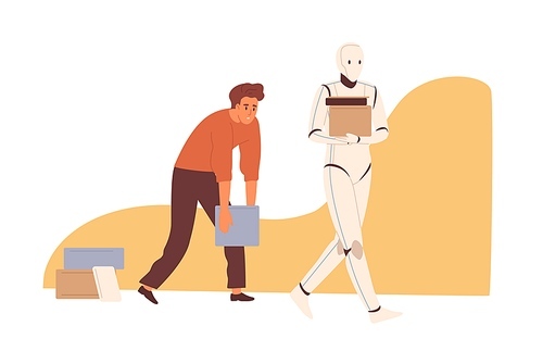 robot vs human concept. ai vs people. artificial intelligence working better than man. machine replacing person in physical labor. colored flat vector illustration isolated on white .