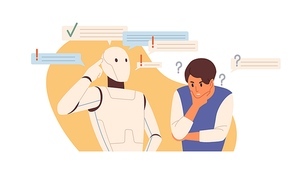 robot vs human concept. smart ai vs people's mental capacity. artificial intelligence and person thinking and solving problems. colored flat vector illustration isolated on white .