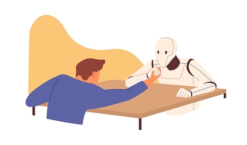 Futuristic robot vs human concept. Confrontation between person and AI. Man and artificial intelligence at arm wrestling competition. Colored flat vector illustration isolated on white .