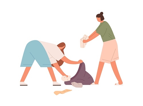People picking and collecting garbage into trash bag. Eco-volunteers cleaning environment from plastic litter. Rubbish collection concept. Colored flat vector illustration isolated on white .