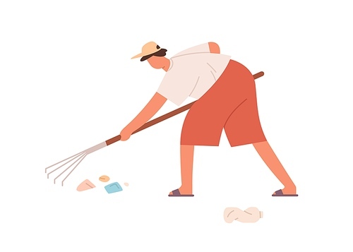 Person raking litter with raker. Volunteer cleaning environment from plastic garbage. Eco-activist working. Nature cleanup concept. Colored flat vector illustration isolated on white .
