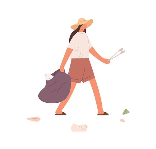 Person holding bag for garbage and tongs for collecting litter. Female volunteer cleaning environment from trash. Eco charity concept. Colored flat vector illustration isolated on white .