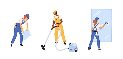 Set of professional workers of cleaning service. Male and female house cleaners in uniform scrubbing window, vacuuming and washing floor. Colored flat vector illustration isolated on white .