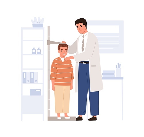 Pediatrician measuring kids height with stadiometer in pediatric doctor office. Child visiting physician in hospital. Colored flat vector illustration of boy patient isolated on white .