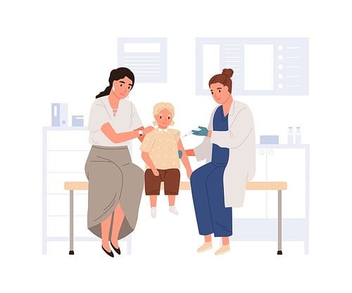 Nurse making vaccine injection to child in hospital. Vaccination of kid. Kid with mother and doctor during anti-virus syringe shot. Colored flat vector illustration isolated on white .