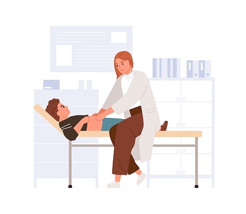 Doctor examining child in pediatric hospital. Pediatrician palpating kid belly. Boy lying on couch at physician s office in modern clinic. Colored flat vector illustration isolated on white .
