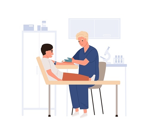 Doctor collecting and drawing venous blood from child vein for lab test. Nurse doing intravenous sampling from kid for medical health analysis. Flat vector illustration isolated on white .