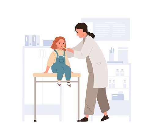 Doctor taking throat swab from child for lab test. Kid at appointment in pediatrician office. Girl at medical checkup in hospital. Colored flat vector illustration isolated on white .