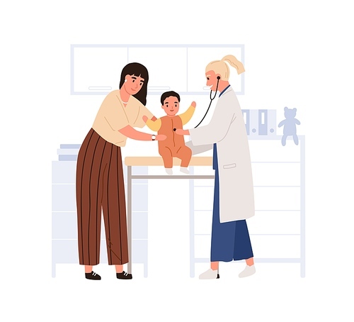 Doctor examining and listening child with stethoscope. Mother with baby at medical appointment at pediatrician office in hospital. Flat vector illustration of kid checkup isolated on white .