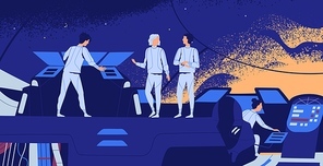 Astronauts aboard of spacecraft. Interstellar spaceship crew on the bridge. Futuristic scene of spacefaring. Flat vector textured cartoon illustration or space exploration team in starship