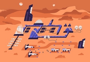 Mars colonization concept. Futuristic landscape of red planet surface with colony buildings and equipment for scientific research. Colored flat textured vector illustration.