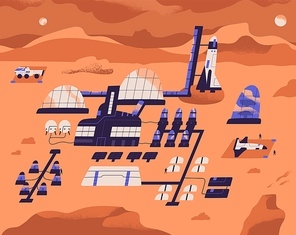 Mars colonization. Base or colony on red planet with buildings, equipment for scientific research and spacecraft. Top view of human settlement. Colored flat textured vector illustration.