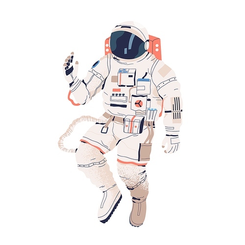 Astronaut or cosmonaut in spacesuit in zero gravity isolated on white . Spaceman with oxygen tank soaring in weightlessness. People exploring universe. Flat textured vector illustration.