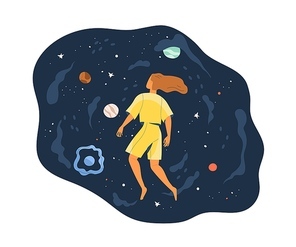 Concept of facing with new and unknown. Flying person exploring space and discovering mysteries. Human fantasy and dream. Flat vector illustration of female dreamer isolated on white .