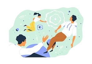Group of people researching and discovering new and unknown. Concept of research and discovery in science. Researchers studying and exploring. Flat vector illustration isolated on white .