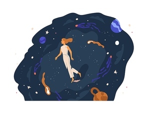 Person walking in unknown space, exploring and discovering mysteries. Concept of studying new. Woman wading through universe and searching smth. Flat vector illustration isolated on white .