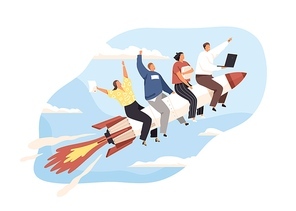 Launch of business startup concept. Team of entrepreneurs flying up on rocket. Group of people on way to success, developing and achieving goals. Flat vector illustration isolated on white .