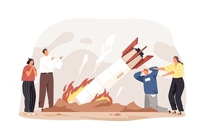 Business fail, startup failure, and crisis concept. Unhappy unsuccessful entrepreneurs at fallen rocket. Hard problems in start up project. Flat vector illustration isolated on white .
