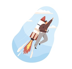 Fast successful launch of business startup concept. Ambitious man on rocket, developing and achieving career goals. Colored flat vector illustration of entrepreneur isolated on white .