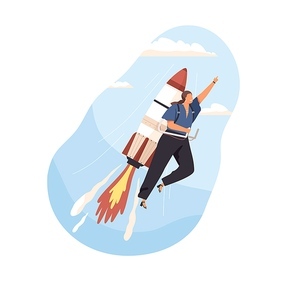 Successful woman launching business startup, flying on rocket with high speed. Development, growth, and aspiration to success concept. Colored flat vector illustration isolated on white .
