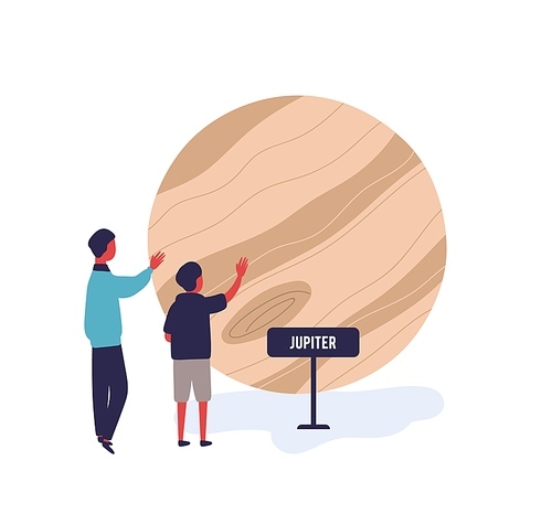 Boys visiting exhibition in planetarium or space museum. Visitors watching model of Jupiter. Children contemplating space planet exhibit. Flat vector cartoon illustration isolated on white.
