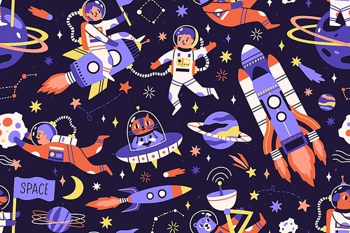 Seamless childish cosmic pattern with cute animals, cosmonauts and spaceships in space. Repeating texture with astronauts and rockets in universe. Colored flat vector illustration of cosmos background.