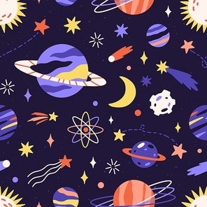 Seamless space pattern with planets and stars in dark sky. Childish galaxy background. Repeatable cosmos texture. Endless universe for printing. Colored flat vector illustration of printable backdrop.