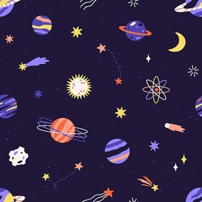 Seamless childish pattern with planet, star and comet in space. Cosmos background with celestial objects. Endless repeatable cosmic texture of universe. Colored flat vector illustration for printing.