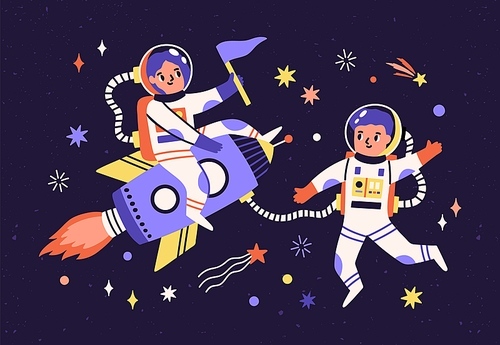 Spaceman children in space suits traveling in universe. Adventure of cute funny astronauts in cosmos. Kids on rocket. Childish colored flat vector illustration of spacewalk on spaceship.