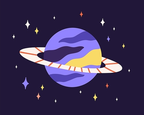 Abstract planet sphere with ring around in outer space. Alien world with strange globe and stars in cosmos. Childish flat vector illustration of fantastic celestial object in universe.