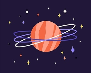 Abstract planet globe with rings and red surface in outer space. Alien world with cosmic sphere and stars in cosmos. Flat vector illustration of astronomical celestial object in black night sky.