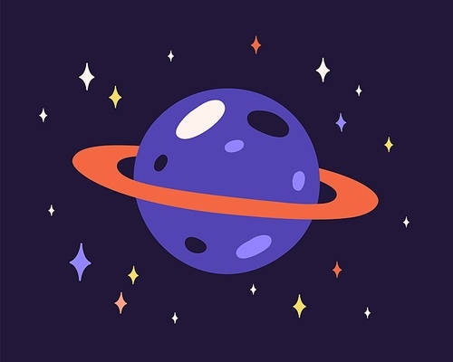 Abstract planet sphere with craters on surface and ring around. Alien world with cosmic globe and stars in space. Childish flat vector illustration of astronomical celestial object in cosmos.