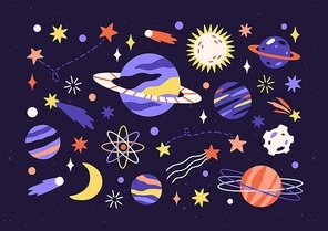 Set of planets, stars, asteroids, and comets in outer space. Bundle of different abstract cosmic objects in cosmos. Childish universe in doodle style. Isolated flat vector illustration.