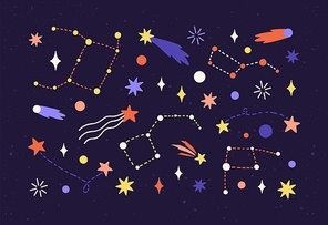 Star map with constellations and comets in outer space. Cosmic starry night sky with celestial objects in cosmos. Astronomical composition. Colored flat vector illustration of universe.