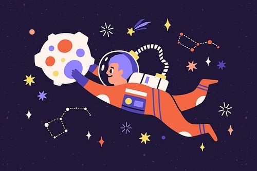 Child astronaut in spacesuit travel in cosmos. Cosmonaut flying and floating in outer space with stars, comets, constellations and asteroids. Flat vector illustration of childish fantasy in universe.