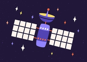 Artificial earth satellite with dish and antenna for signal transmission and solar panels. Space communication system flying in cosmos. Equipment in universe. Childish colored flat vector illustration.