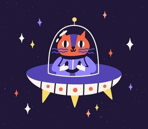 Cute cat astronaut traveling in outer space in intergalactic spaceship. Animal cosmonaut in flying saucer. Childish UFO adventure in cosmos. Flat vector illustration of funny feline in universe.