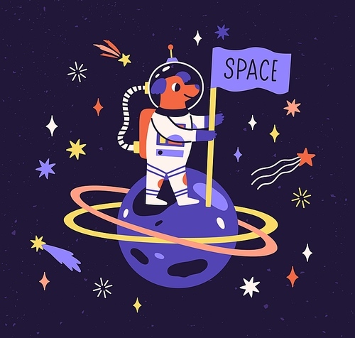 Dog astronaut in space suit on planet with flag. Cute funny animal traveling in cosmos. Puppy cosmonaut in spacesuit. Childish colored flat vector illustration of doggy in universe.