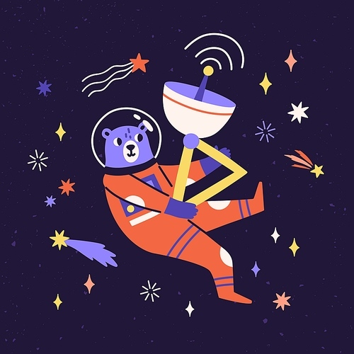 Cute bear astronaut in space suit flying in cosmos among stars and comets. Funny animal cosmonaut traveling in universe. Fantastic galaxy adventure. Childish colored flat vector illustration.