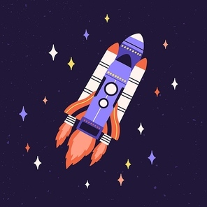 Rocket fly in outer space among stars. Rocketship with fire flames flying in cosmos. Spaceship traveling in universe. Childish intergalactic spacecraft. Flat vector illustration of galactic shuttle.