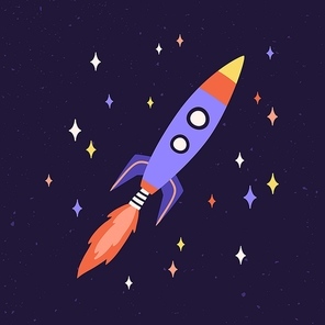 Rocket ship with fire flames from engine. Rocketship fly in outer space. Spaceship flying in cosmos. Missile flight. Childish galactic spacecraft. Colored flat vector illustration of cosmic shuttle.